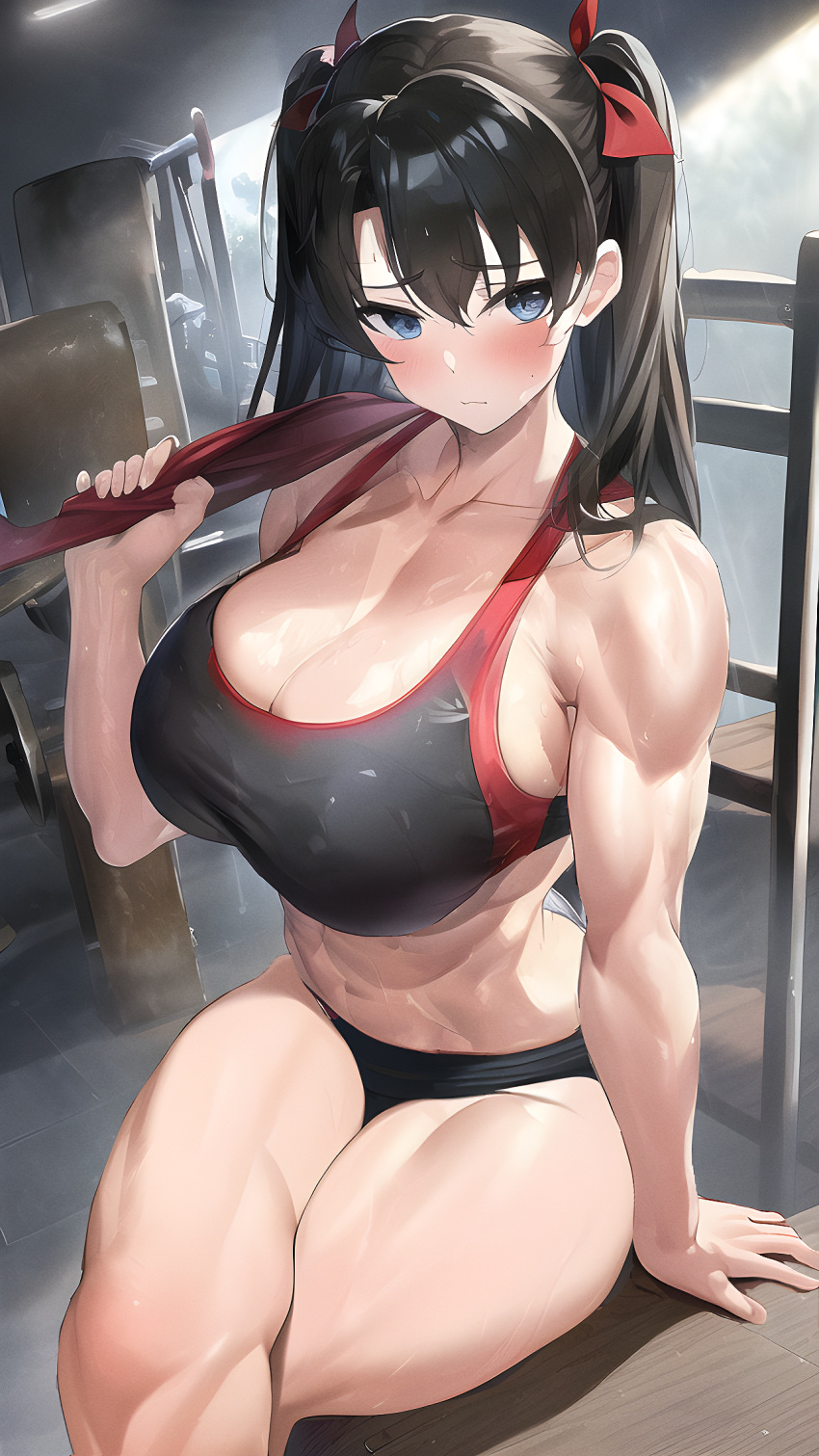 abs adaptive ai_generated biceps black_hair black_sports_bra blue_eyes blush boob_window breast_grab collarbone crossed_legs deltoids fair-skinned_female fate_(series) gym hand_on_desk holding_towel huge_ass huge_thighs long_hair muscular muscular_arms muscular_female muscular_thighs nai_diffusion quads red_ribbon red_towel shy sitting sitting_on_desk sports_bra sports_panties stable_diffusion sweat tagme tohsaka_rin towel_on_shoulder twintails