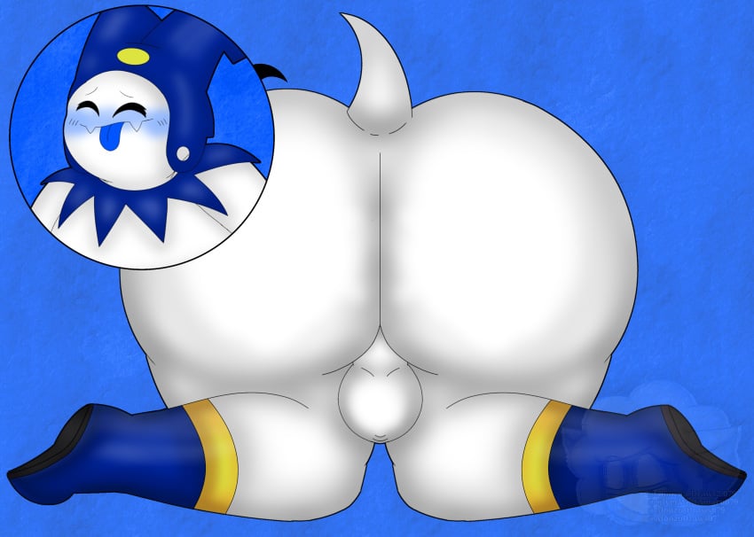 alonzodrawsnsfw ass balls blush boots bulge chubby gay huge_ass jack_frost_(megami_tensei) male male_only nude nude_male penis simple_background tongue_out white_body