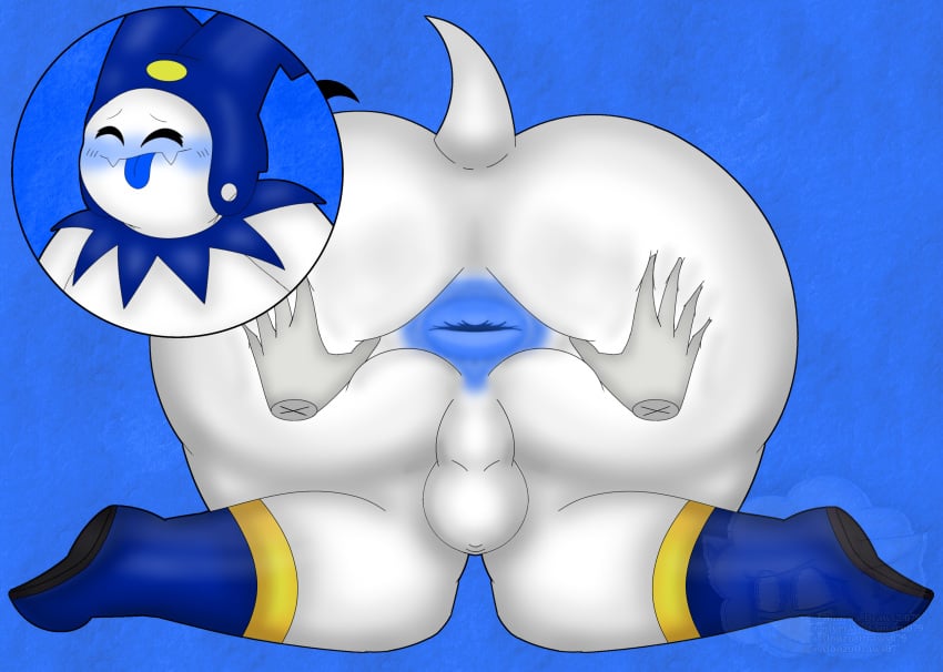 alonzodrawsnsfw anus ass balls blush boots bulge chubby disembodied_hands gay huge_ass jack_frost_(megami_tensei) male male_only nude nude_male penis simple_background spread_anus spread_ass tongue_out white_body