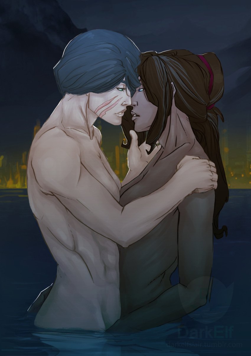 2girls avatar_legends avatar_the_last_airbender dark-skinned_female dark_skin darkelfslair female female_focus female_only imminent_kiss implied_fingering interracial interracial_yuri kya_(tlok) lin_bei_fong medium_breasts multiple_girls nude_female scar_on_face standing_in_water the_legend_of_korra water water_tribe yuri