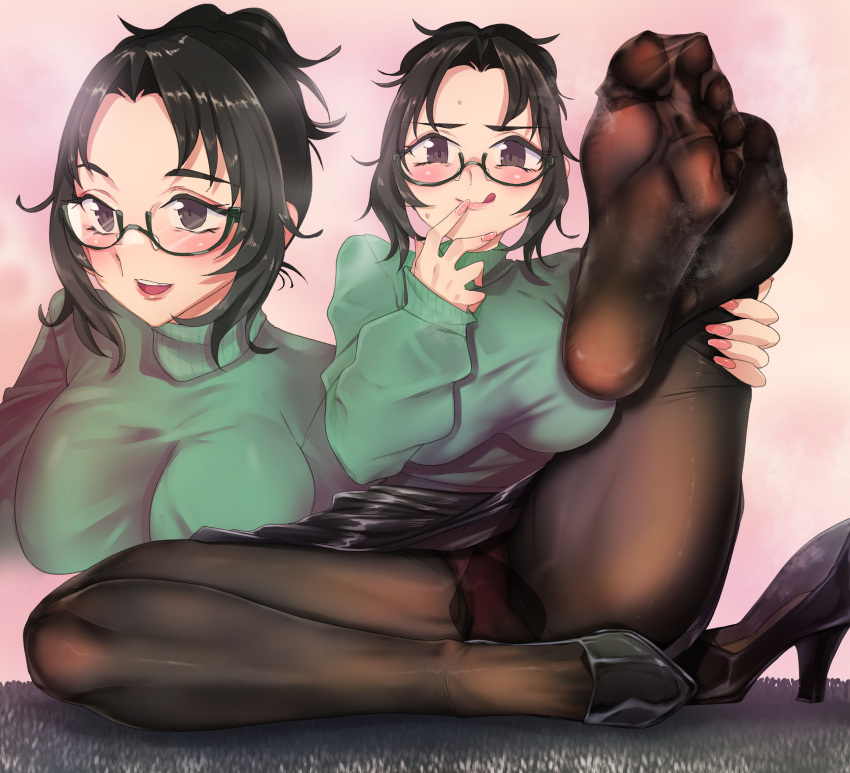 ana_xenakis feet foot_fetish foot_focus glasses greek_toe grief_(series) hair_bun highres pantyhose shoes shoes_removed soles steam steaming_body sweaty_clothes teacher teacher_and_student toes