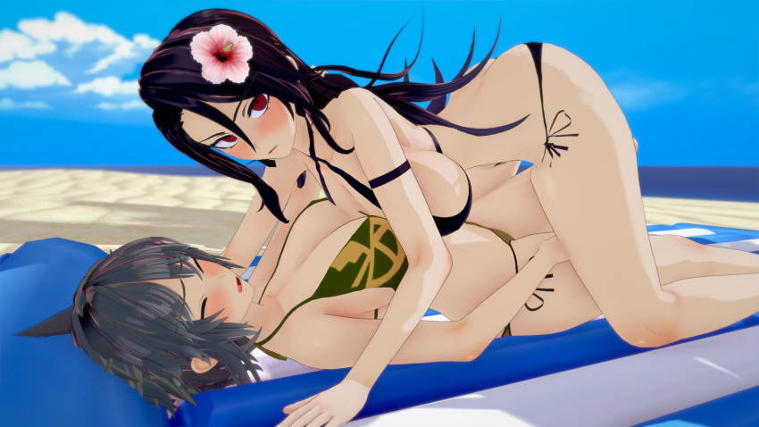 2girls 3d beach bikini bikini_bottom bikini_top blush breasts danganronpa danganronpa_2:_goodbye_despair female female_only genderswap_(mtf) hinata_hajime izuru_kamukura jedash01 koikatsu large_breasts multiple_girls rule_63 straight_hair super_danganronpa_2 twins