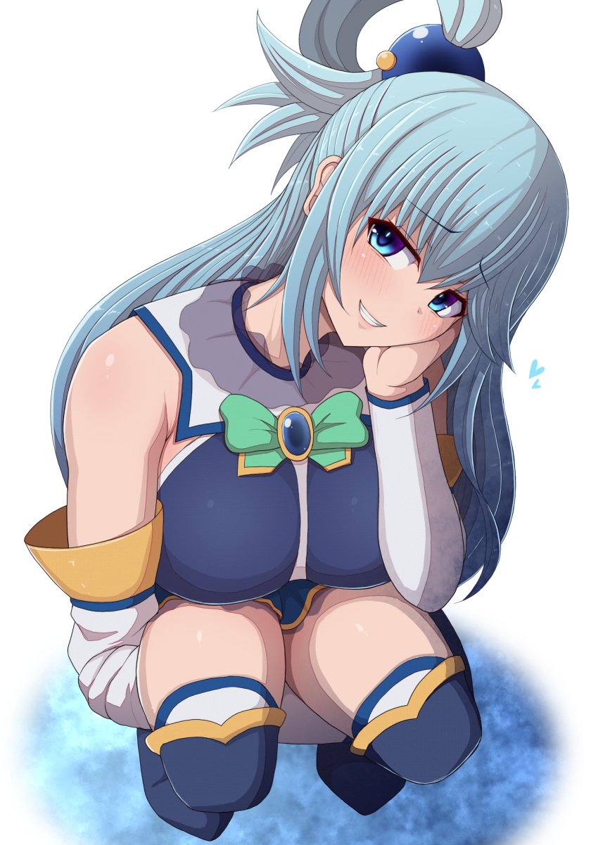 1girls aqua_(konosuba) bare_shoulders blue_eyes blue_hair blue_high_heel_boots blush cleavage female female_focus female_only goddess hair_between_eyes kneeling kono_subarashii_sekai_ni_shukufuku_wo! large_breasts light-skinned_female light_skin long_hair long_sleeves looking_at_viewer miniskirt ponpo ponponmaru ponytail skirt sleeves_past_elbows smile smiling solo thick_thighs thighhighs uncensored white_legwear white_sleeves white_stockings wide_hips