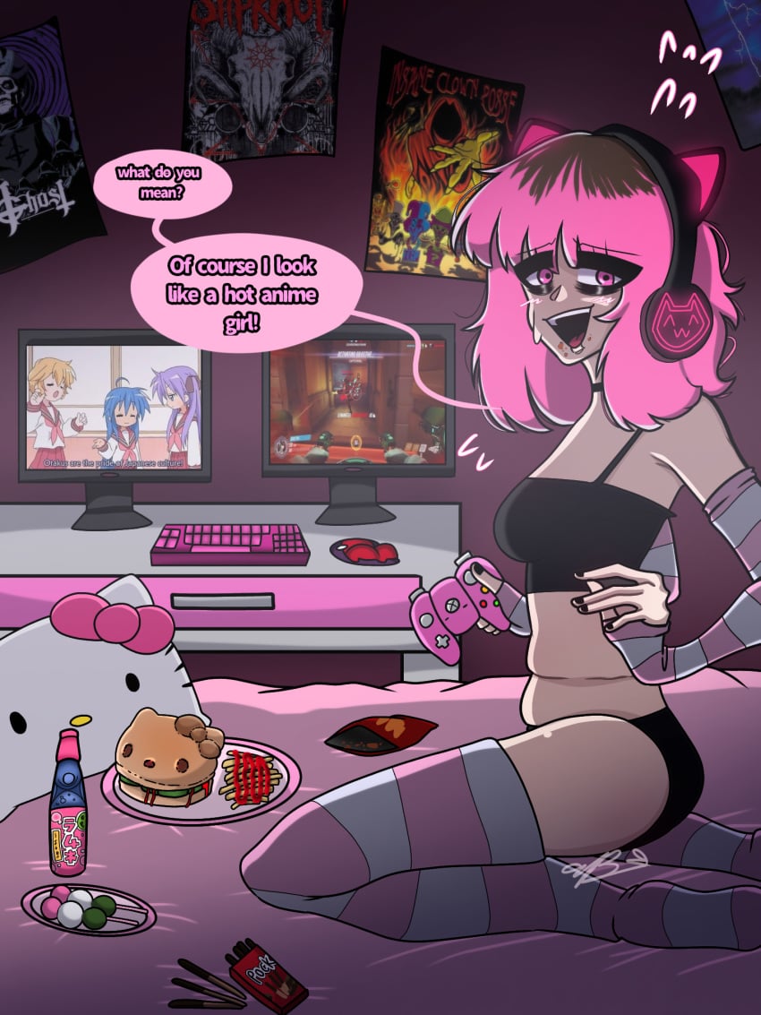 among_us anime artist_self-insert artist_signature computer_monitor controller crossover cute_deth cute_deth(artist) cute_deth(character) dyed_hair english english_text eye_bags gamer_girl gaming_headset headset hello_kitty hello_kitty_(character) hello_kitty_(series) insane_clown_posse kitty_white lucky_star messy_hair overwatch panties pink_eyes pocky sanrio self_insert slipknot snacks speech speech_bubble stockings xbox_controller