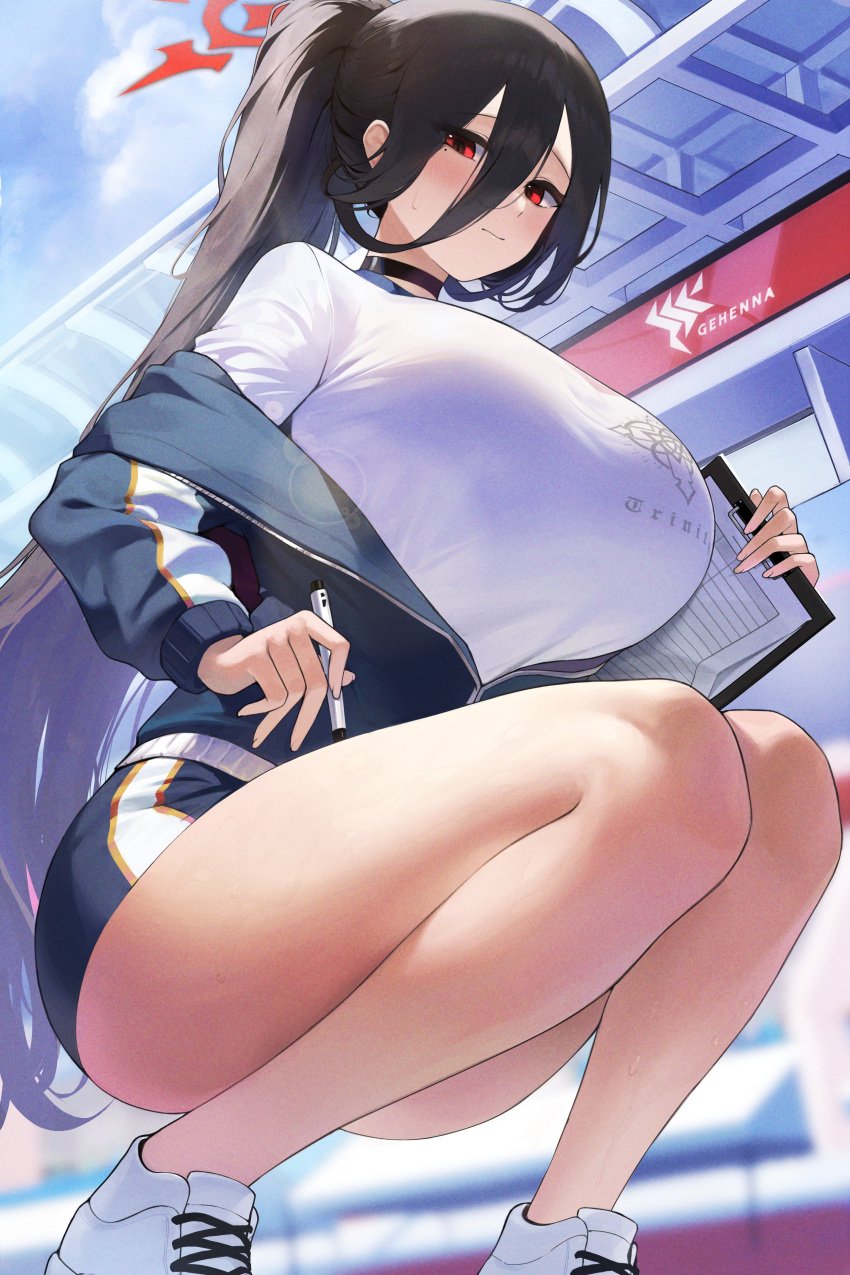 1girls black_hair blue_archive blush breasts female gym_clothes halo hasumi_(blue_archive) hasumi_(gym_uniform)_(blue_archive) huge_breasts light-skinned_female light_skin long_hair low-angle_view outdoors ponytail red_eyes sbgu sportswear squatting thick_thighs