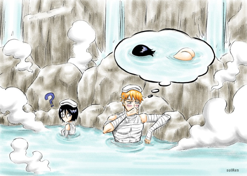 1boy 1girls ? ass bandages black_hair bleach bleach:_the_thousand-year_blood_war blush canonical_scene embarrassed female hot_springs_relaxation ichigo_kurosaki in_water kuchiki_rukia looking_at_another looking_away male orange_hair outdoors partially_submerged petite remembering rock spoken_question_mark steam suiren thought_bubble water waterfall