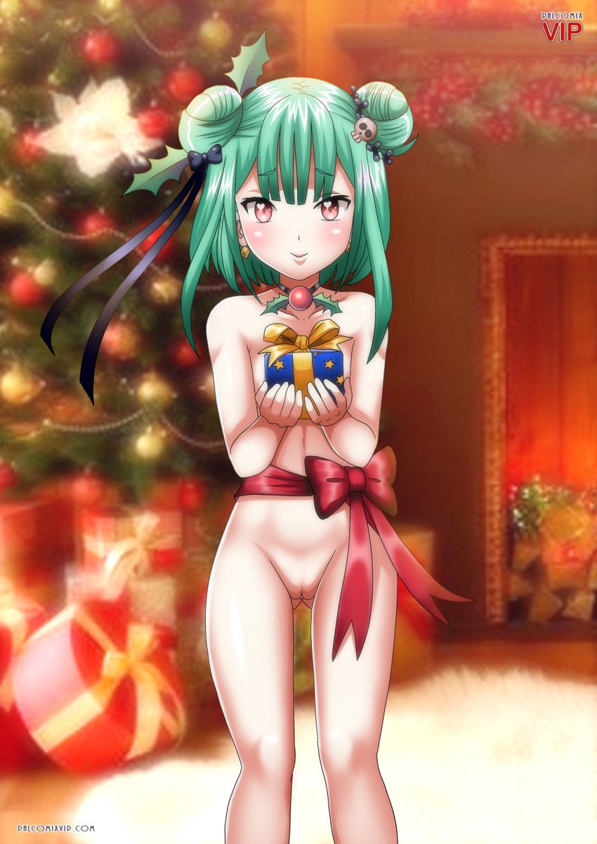 1girls bbmbbf blush christmas christmas_tree earrings eyebrows_visible_through_hair female gift_box green_hair heart-shaped_pupils hololive hololive_fantasy hololive_japan light-skinned_female mistletoe mistletoe_collar naked nude palcomix palcomixvip.com pussy red_eyes ribboned_body skull_hair_ornament solo solo_female uruha_rushia virtual_youtuber