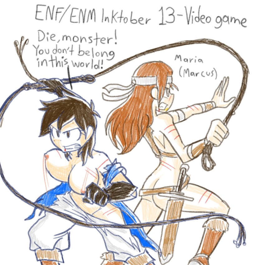 2girls ass boots castlevania castlevania:_symphony_of_the_night female female_only gloves headband inktober inktober_2021 long_hair maria_(marcus) nadia_(nairod103098) nairod103098 naked_boots navel nipples nude_female pants richter_belmont_(cosplay) shirt_open short_hair simon_belmont_(cosplay) topless topless_female topless_female_nude_female whip