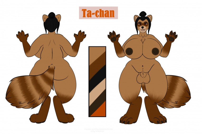 animal_genitalia anthro ashwolves5 balls big_breasts breasts brown_body brown_fur canid canine fully_sheathed fur futanari genitals gynomorph huge_breasts intersex mammal model_sheet nude raccoon_dog sheath solo ta-chan tanuki thick_thighs