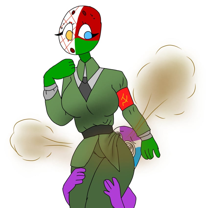 @_@ alternate_version_available army_uniform belarus_(countryhumans) countryhumans countryhumans_girl countryhumans_oc covered_breasts fart fart_cloud fart_fetish farting farting_in_face hugging_legs soviet_union sweat tagme_(artist)