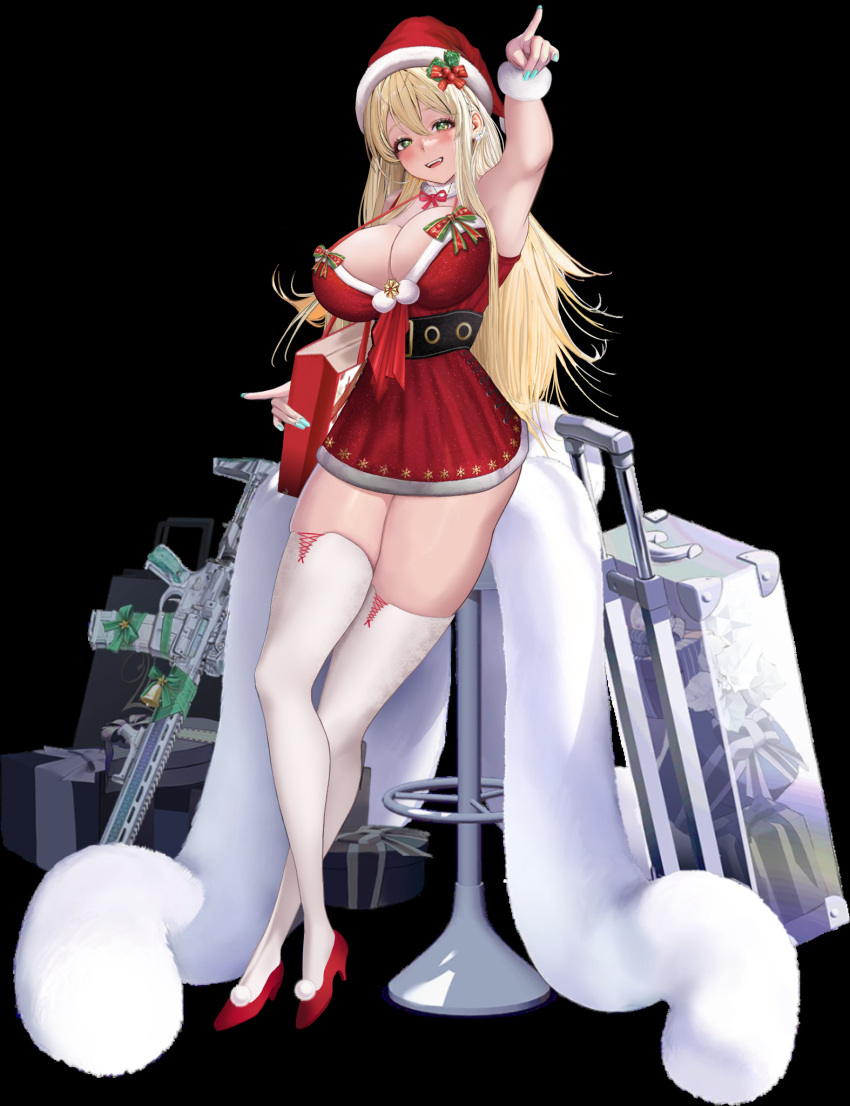 big_breasts blonde_hair christmas christmas_outfit cosplay edit emma_(color_me_red)_(nikke) emma_(nikke) goddess_of_victory:_nikke green_eyes long_hair outfit_swap rupee_(nikke) thigh_highs thighs xxpulp