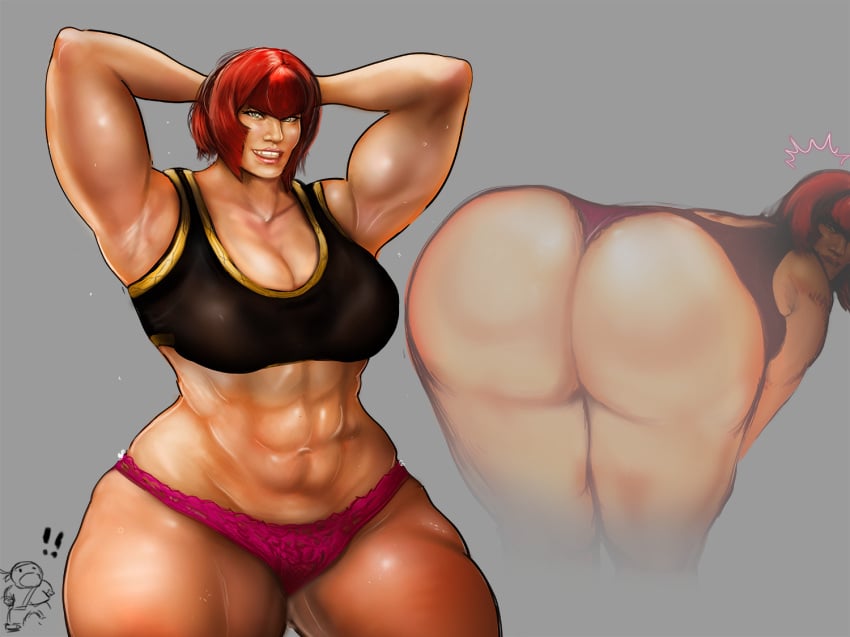 1girls abs armpits ass big_butt breasts female huge_ass hyper_thighs jaguarart large_breasts marisa_rossetti muscular muscular_female panties pink_panties red_hair short_hair solo sports_bra street_fighter street_fighter_6 thick_thighs