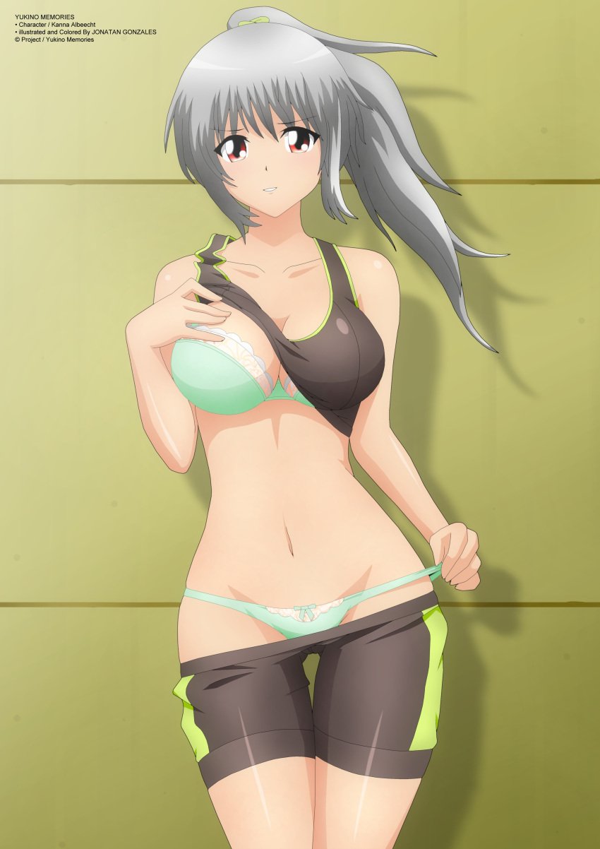 bra female gray_hair green_bra green_panties kanna_albeecht panties panty_pull red_eyes shorts_pull sports_bra sports_shorts sportswear topwear underwear undressing yukino_memories zel-sama