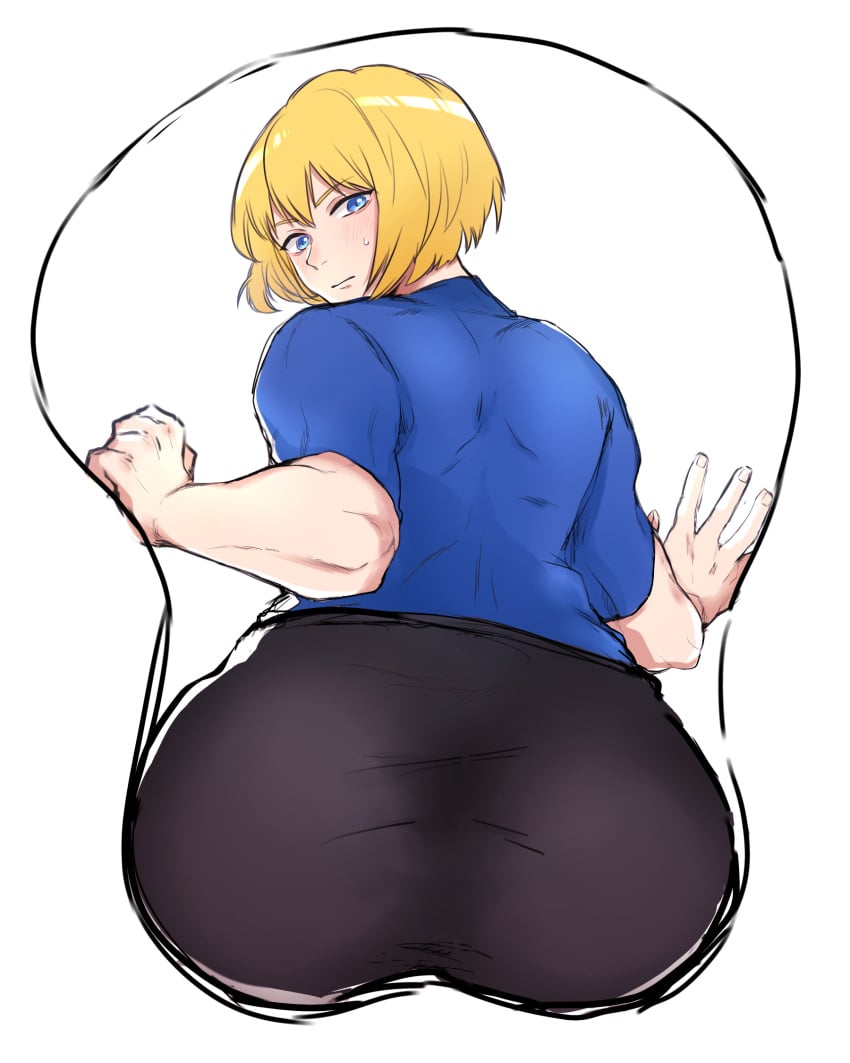 androgynous big_ass bishonen bishounen blonde_hair blue_eyes blush bob_cut bubble_butt colored_sketch feminine_male imai_cosmo kengan_(series) kengan_ashura looking_at_viewer looking_back male male_only mousepad muscular_femboy rash_guard rear_view short_hair solo sweatdrop tight_clothing