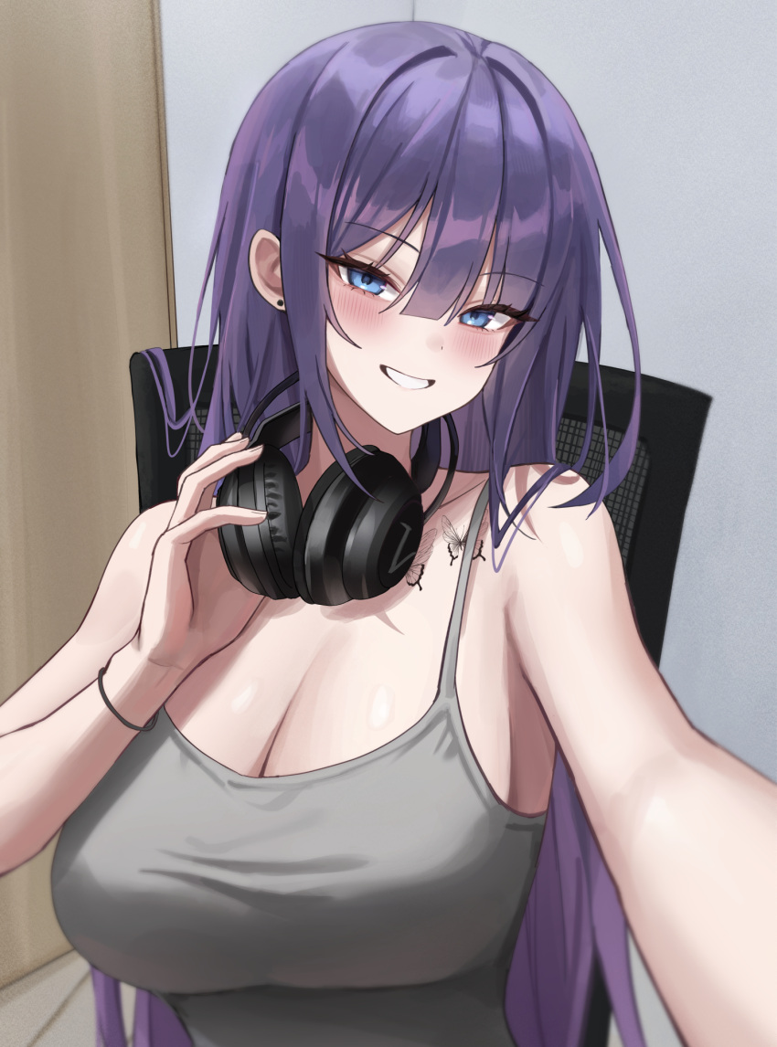 1girls biya blue_eyes breast_tattoo breasts butterfly_tattoo female grin headphones huge_breasts light-skinned_female light_skin long_hair original original_character purple_hair selfie smile tank_top tattoo yuna_(biya)