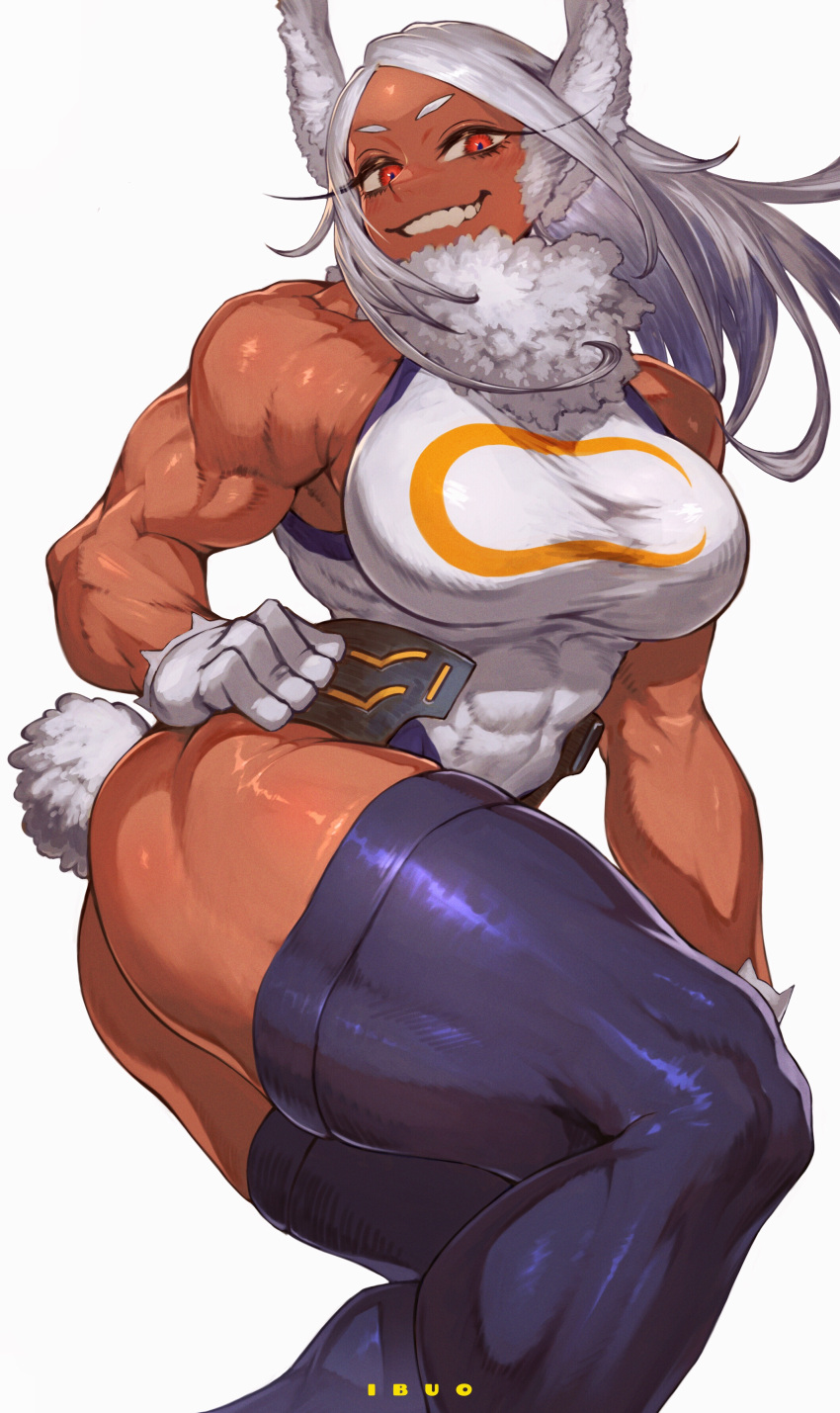 1girls abs absurd_res animal_ears artist_name ass bare_shoulders big_ass big_breasts boku_no_hero_academia breasts bunny_ears bunny_tail clothing curvy dark-skinned_female dark_skin eyelashes female female_focus female_only fluffy_collar fully_clothed gloves grin hand_on_hip hero_outfit_(mha) human ibuo large_ass large_breasts legwear leotard long_hair looking_at_viewer miruko muscular muscular_female my_hero_academia naughty_face parted_lips pinup red_eyes rumi_usagiyama seductive shiny_skin simple_background sleeveless smile solo solo_female stockings tail teeth thick_thighs thighhighs thighs voluptuous white_background white_hair