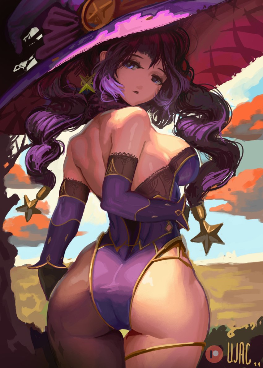 1girls 2021 2d artist_name ass black_pupils blue_eyes breasts clouds day digital_media_(artwork) eyebrows eyelashes female female_only genshin_impact hair hat human jewelry large_ass leotard long_hair looking_at_viewer mona_(genshin_impact) outside patreon_logo purple_hair rear_view solo tagme tree ujac white_sclera