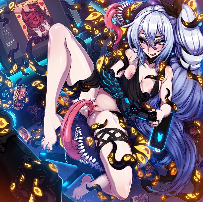 1girls artception bangs bare_arms bare_legs bare_shoulders barefoot black_hair black_nails black_sclera black_shirt blue_eyes breasts can chest_cutout cleavage collarbone colored_sclera colored_skin controller couch cunnilingus cute demon_girl demon_horns female fringe glowing grey_hair headpats heart heart_in_mouth highres holding holding_controller horns knee_up licking_pussy long_hair long_tongue meru_(merunyaa) meruccubus_(merunyaa) merunyaa monitor monster multi_eye multi_mouth nail_polish oral oral_sex original petite playing_videogame pussy red_skin sharp_teeth shiny shiny_hair shirt shoggoth succubus teenager teeth tentacle tongue tongue_out very_long_hair white_hair yellow_eyes