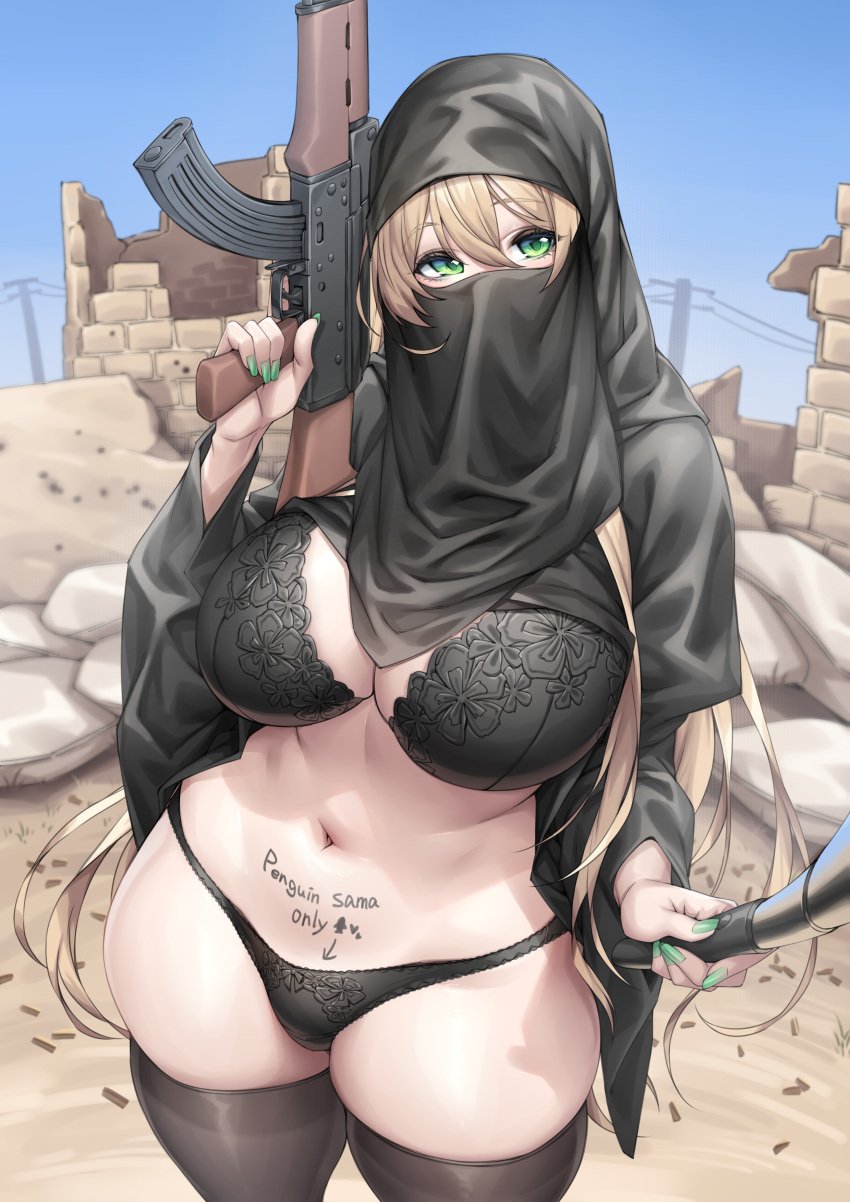 1girls body_writing bra desert english_text female goddess_of_victory:_nikke gun highres hijab lingerie naidong panties rupee_(nikke) scarf selfie solo stockings text weapon