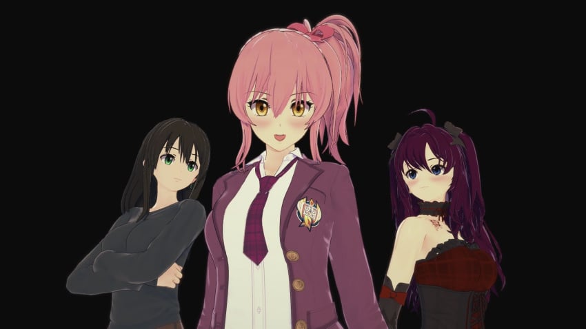 16:9 3girls blush clothed dark_hair green_eyes ichinose_shiki idolmaster jougasaki_mika light-skinned light-skinned_female light_skin long_hair looking_at_another looking_at_viewer open_eyes open_mouth pink_hair shibuya_rin yellow_eyes