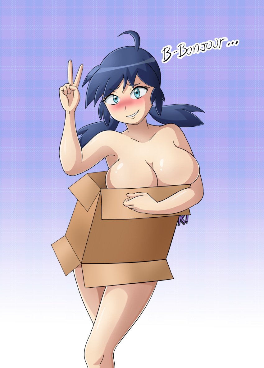 1girls almost_naked blue_eyes blue_hair blush blushing_at_viewer cardboard cardboard_box cleavage embarrassed embarrassed_nude_exposure embarrassed_nude_female female female_focus female_only femsub forced_exposure french_text happy_female happy_sub marinette_cheng marinette_cheng_(pv) marinette_dupain-cheng marinette_dupain-cheng_(pv) miraculous_ladybug naked nude peace_sign satosatori sole_female solo straight_hair submissive submissive_female superheroine tagme text v willing_sub worried