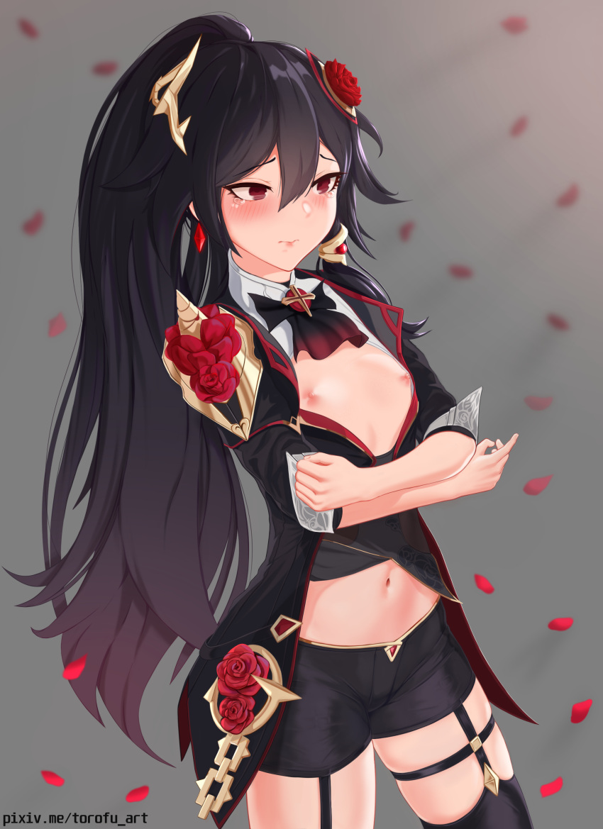 absurdres alternate_costume belly black_hair black_thighhighs blush breasts clenched_hands closed_mouth dress female flower fu_hua fu_hua_(blood_voivode) fu_hua_(shadow_knight) garter_straps hair_between_eyes hair_flower hair_ornament high_ponytail highres honkai_(series) honkai_impact_3rd long_hair long_sleeves looking_at_viewer navel nipples official_alternate_costume ponytail red_eyes red_flower rose small_breasts solo thighhighs thighs torofu vampire watermark web_address