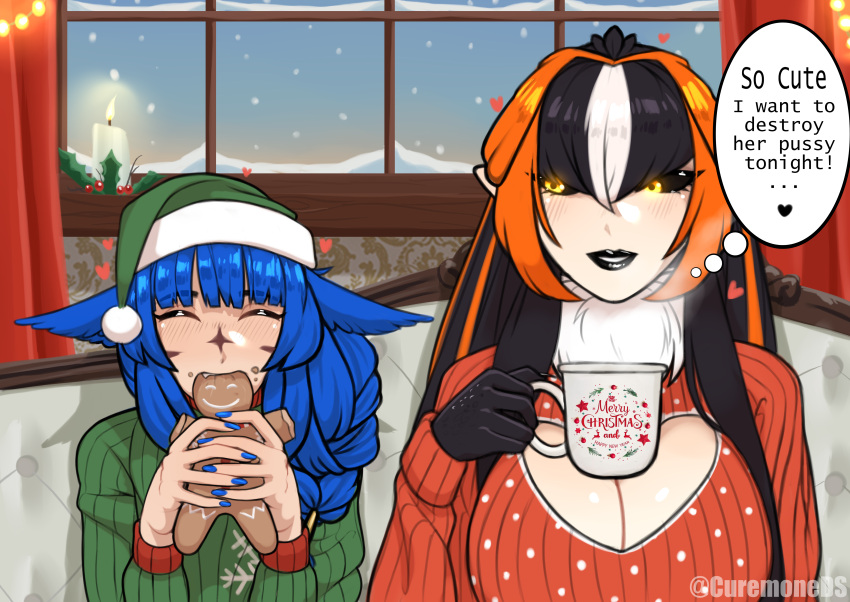 1futa 1girls animal_ears bangs big_breasts black_hair black_lips black_lipstick black_sclera blue_hair candle christmas clothed clothing cookie curemone dialogue dinosaur_girl dominant_futanari duo eating english_text female fully_clothed futa_with_female futanari happy_female happy_sub harpy holidays humanoid implied_futanari kemonomimi light-skinned_female light-skinned_futanari light_skin long_hair orange_eyes orange_hair self_upload sitting sitting_on_chair snow submissive_female text utahraptor white_skin window xorah_(curemone)