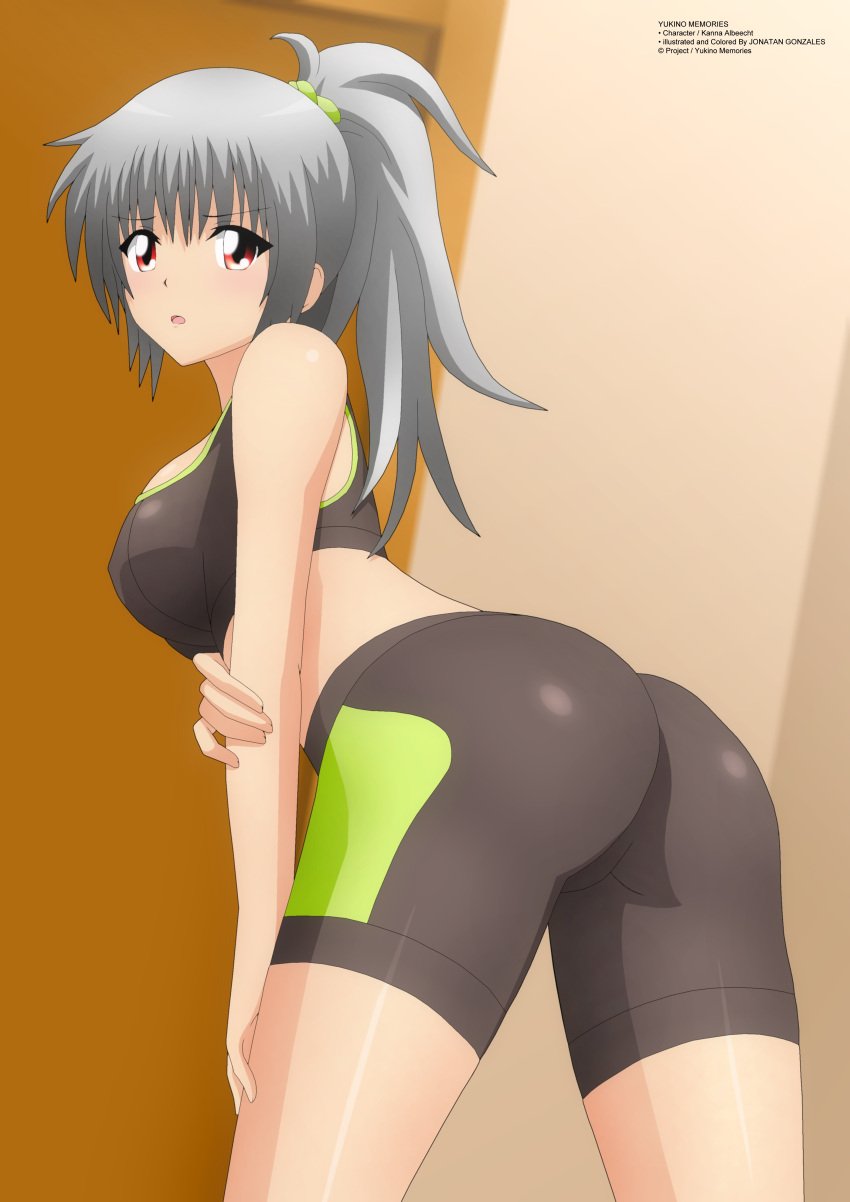 ass breasts female gray_hair gym_clothes gym_shorts gym_topwear kanna_albeecht red_eyes sports_bra sportswear yukino_memories zel-sama