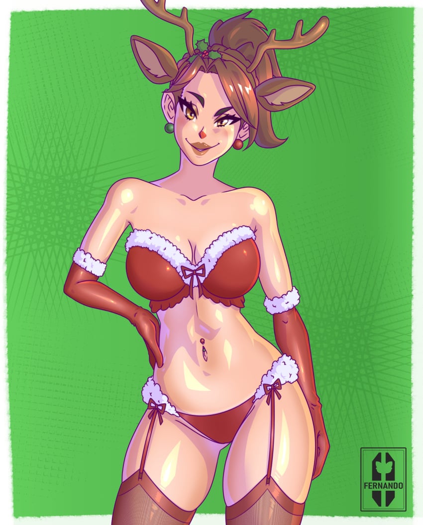 antlers bra female female_only fernando fortnite headband headwear lingerie looking_at_viewer panties ramirez_(fortnite) red_nose red_nosed_raider smile solo solo_female tagme thighhighs