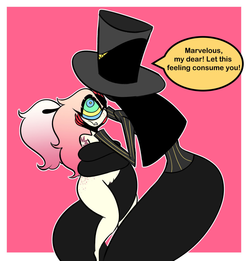 butt_freckles cherri_bomb freckles hat hazbin_hotel hypnosis kaa pink_background pink_hair pink_theme purple_tattoo shaved_pussy sir_pentious tagme text_bubble thick_thighs tied_hair ukebunal_(artist)