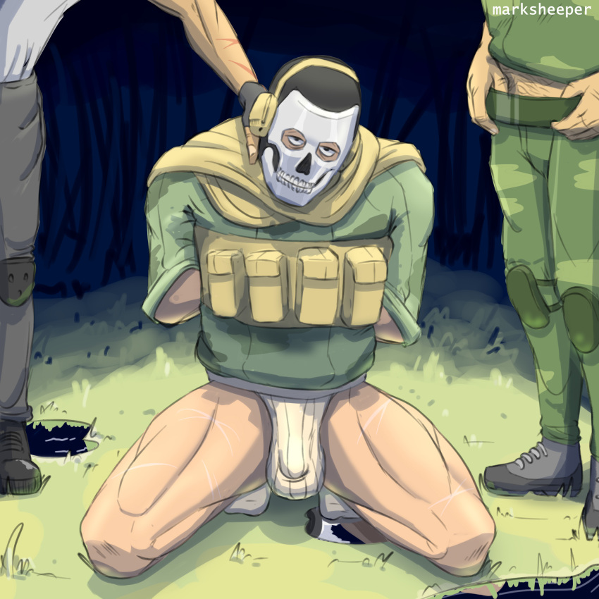 army bara belt bulge call_of_duty camouflage captured gaucho_enjoyer gay ghost ghost_(modern_warfare_2) humiliation kidnapped mask masked masked_male muscles muscular muscular_legs muscular_male simon_riley socks soldier threesome tied_up underwear war