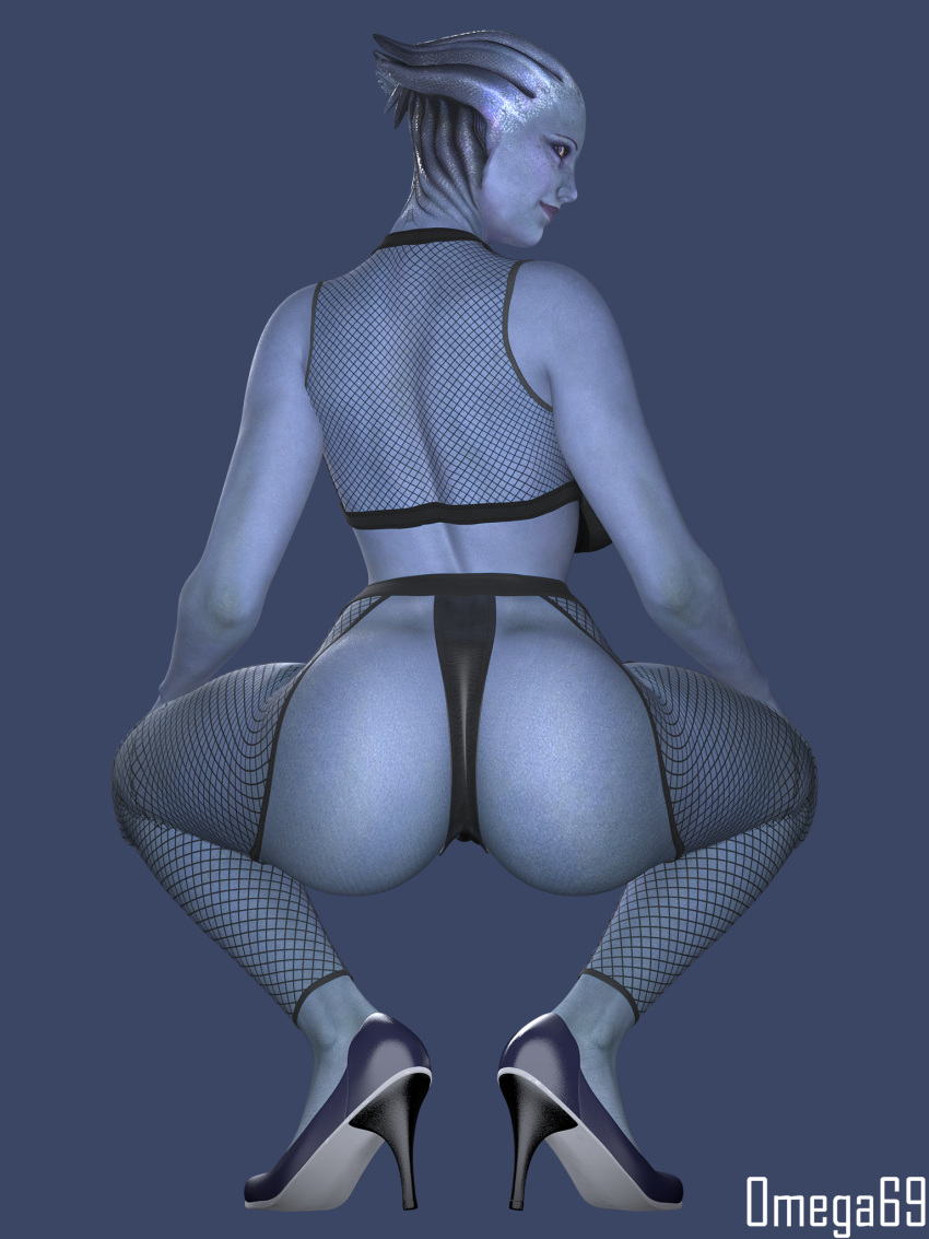 1girls 3d asari ass blender blue_skin clothing female female_only high_heels liara_t'soni mass_effect omega69 solo