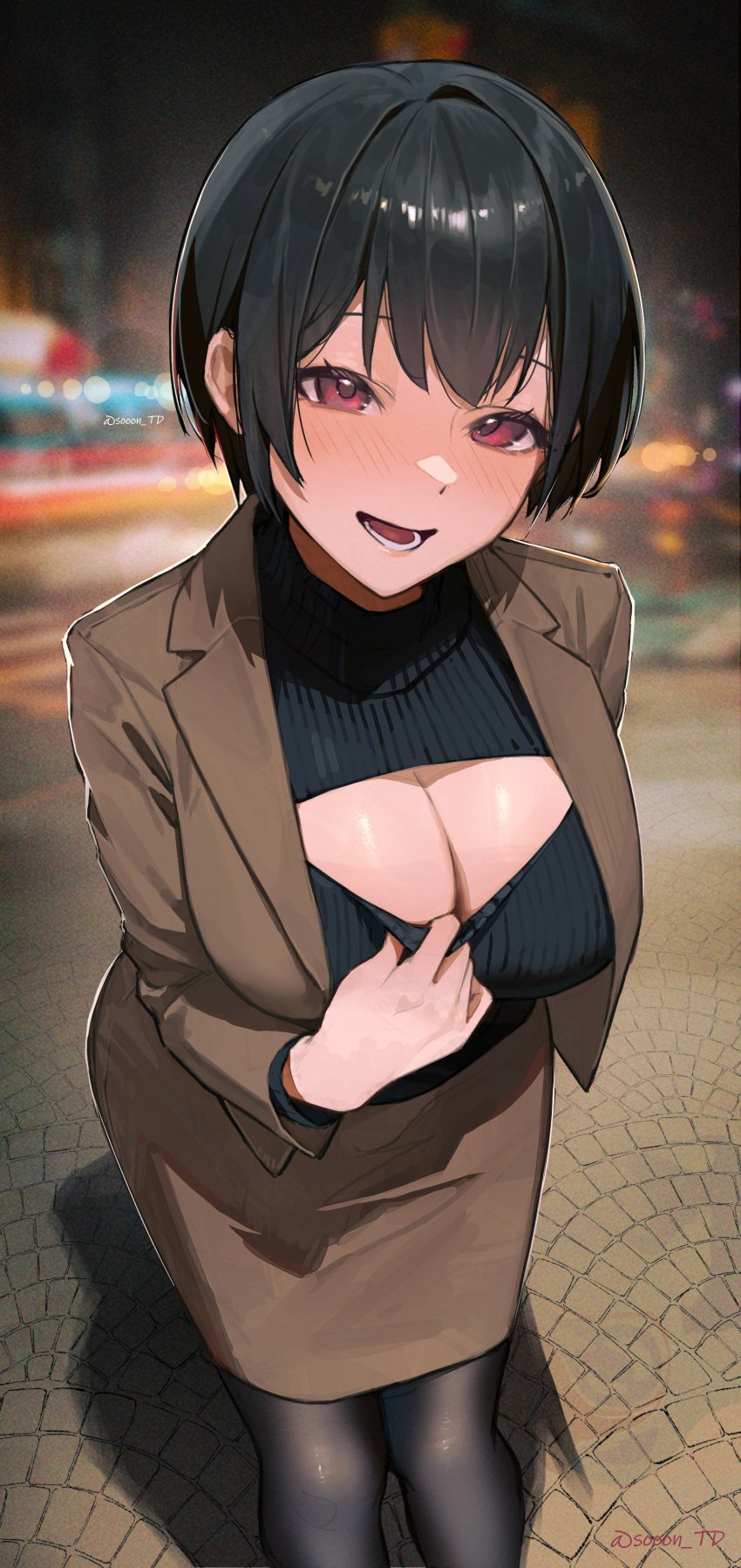 1girls absurd_res absurdres artist_name black_hair black_sweater blurry blurry_background blush blushing_at_viewer breasts brown_jacket brown_skirt cleavage cleavage_cutout clothing_cutout female female_focus female_only hi_res high_resolution highres jacket large_breasts light-skinned_female light_skin looking_at_viewer open_mouth original pantyhose red_eyes short_hair skirt smile solo solo_female solo_focus sooon standing sweater teeth turtleneck turtleneck_sweater