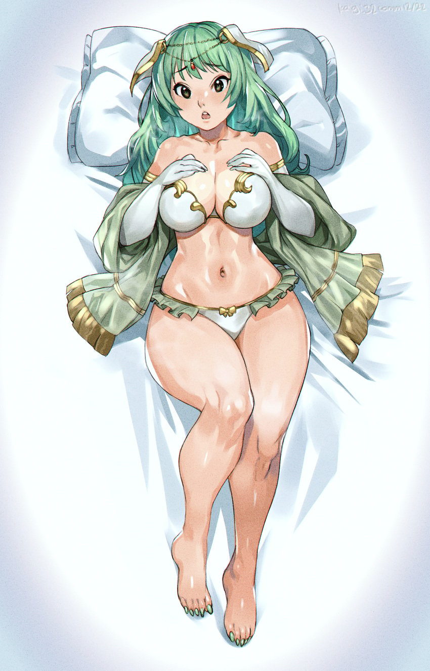 1girls arm_gloves bed bra breath_cloud cleavage commission commissioner_upload female female_only fire_emblem fire_emblem_echoes:_shadows_of_valentia fire_emblem_gaiden gloves green_hair green_nails heavy_breathing keigi keigi_(artist) nail_polish nintendo on_bed panties pillow sheets sleeves solo tatiana_(fire_emblem) white_panties