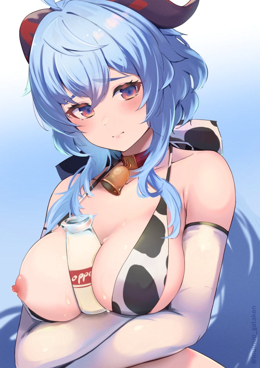 absurdres ahoge alternate_costume animal_print arms_under_breasts bell between_breasts bikini blue_hair blush bottle breasts closed_mouth collar collarbone cow_print crossed_arms dot_nose elbow_gloves female ganyu_(genshin_impact) genshin_impact gloves goat_horns gradient_eyes highres horns inuinuo_gataken jingle_bell large_breasts low_ponytail milk milk_bottle multicolored_eyes neck_bell nipples one_breast_out raised_eyebrows red_collar red_eyes sidelocks solo swimsuit tearing_up upper_body wavy_hair wet yellow_eyes