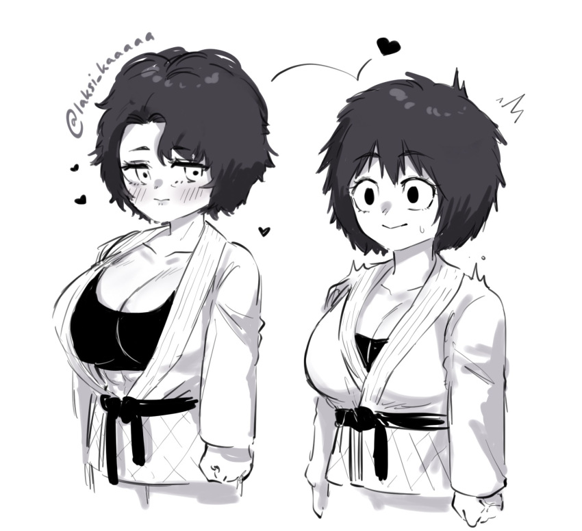 2girls arashiyama_jurota big_breasts blush cleavage dougi female female_only genderswap_(mtf) hayami_masaki heart kengan_(series) kengan_omega laksi_kaaaaa looking_at_another martial_arts_uniform monochrome nervous open_shirt rule_63 sketch smile sports_bra sweatdrop wholesome yuri