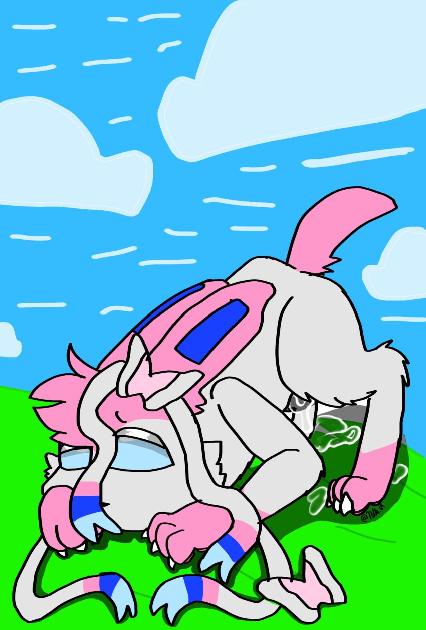 1animal blue_eyes blue_fur cloudy_sky cum eeveelution eyes_half_closed feral grassy_field leaking_cum pink_fur pokémon_(species) pokemon ribbons shading sylveon white_fur worn_out