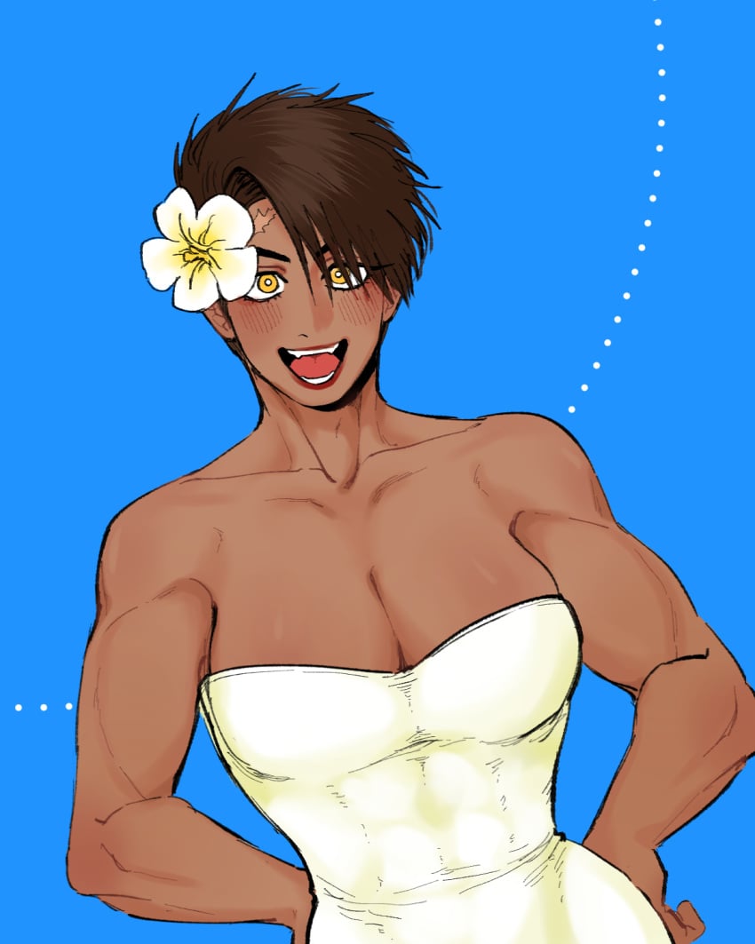 abs big_breasts blue_background blush brown_hair brown_skin canon_genderswap cleavage dark-skinned_female dark_skin facial_scar female female_only flower_in_hair genderswap_(mtf) hands_on_hips kengan_(series) kengan_ashura looking_at_viewer mahuri muscular muscular_female open_mouth red_lipstick rule_63 short_hair smile solo tomboy upper_body very_short_hair wedding_dress yellow_eyes yoroizuka_saw_paing