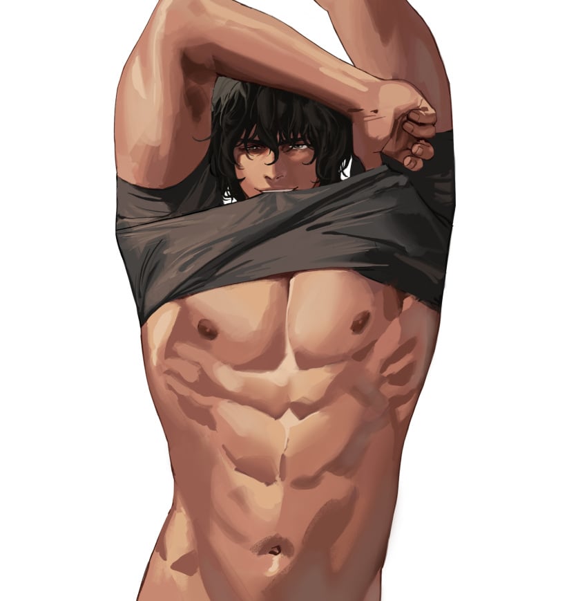 1boy abs alternate_version_available arms_up bare_chest bare_midriff black_hair grin kengan_(series) kengan_ashura male male_only messy_hair painting_(artwork) pecs shirt_in_mouth shirt_lift smile solo tan_skin tokita_ohma undressing wavy_hair woon0103