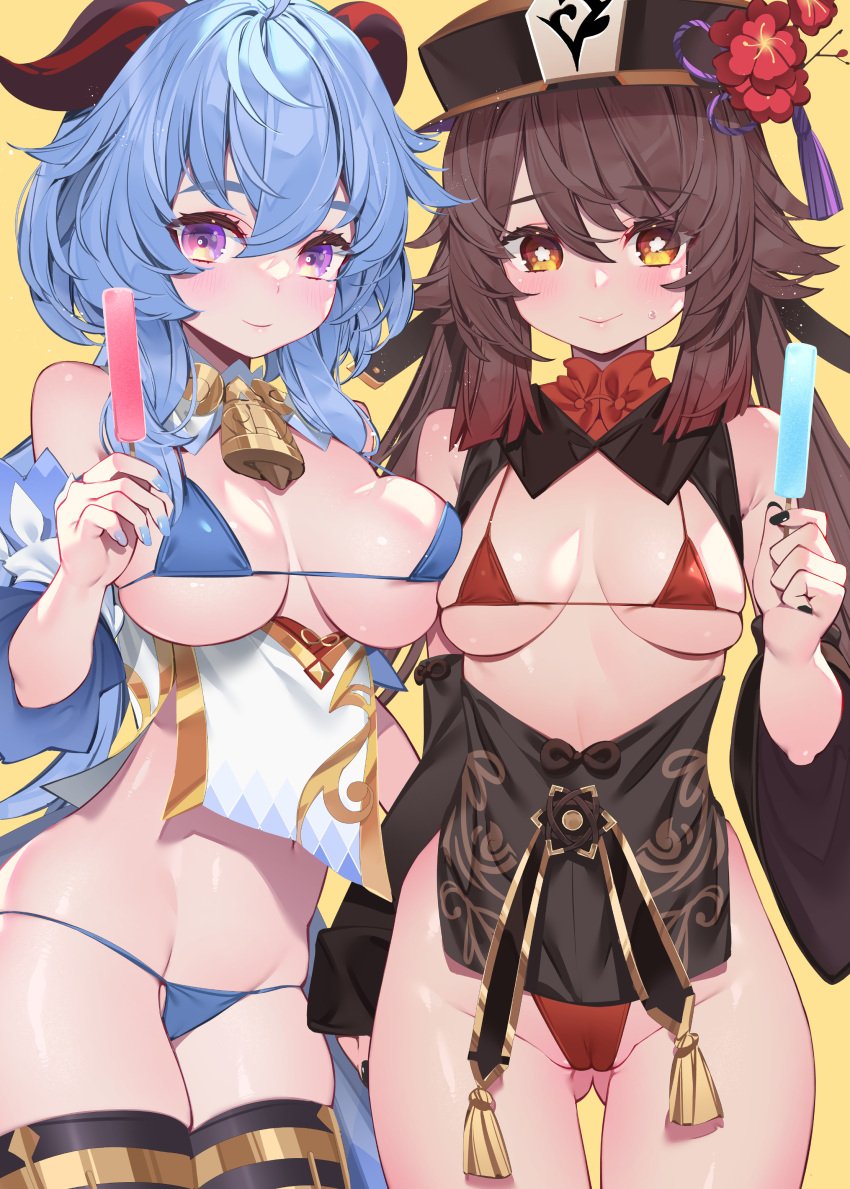 2girls absurdres alternate_costume asymmetrical_docking bell bikini blue_bikini blue_hair blue_nails breast_press breasts brown_hair brown_headwear closed_mouth cowbell detached_sleeves female female_only flower flower-shaped_pupils food ganyu_(genshin_impact) genshin_impact gluteal_fold goat_horns hair_between_eyes hat highres holding horns hu_tao_(genshin_impact) large_breasts long_hair looking_at_viewer medium_breasts multiple_girls nail_polish navel neck_bell orange_eyes plum_blossoms popsicle purple_eyes red_bikini simple_background smile swimsuit symbol-shaped_pupils thighs waterring white_sleeves yellow_background