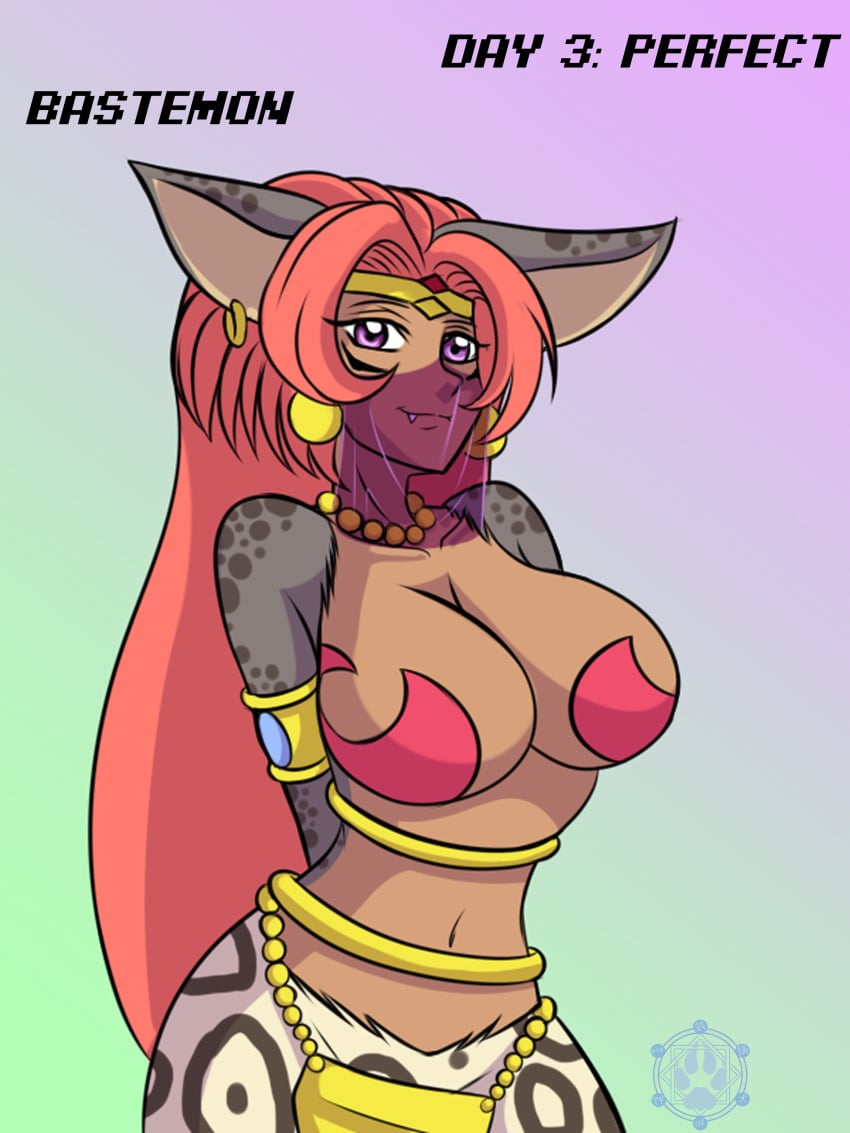 bastemon breasts cat_ears dark-skinned_female dark_skin digimon digimon_(species) earrings female looking_at_viewer smiling_at_viewer solo voluptuous