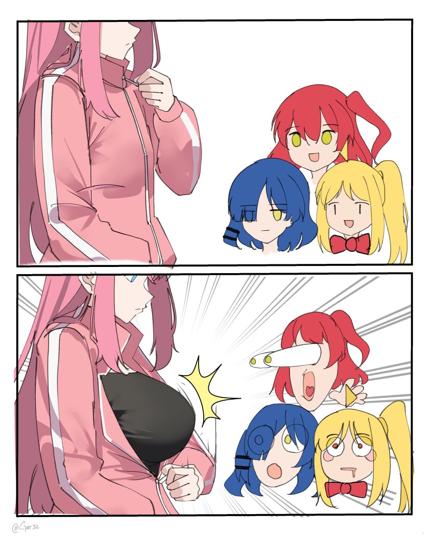 2koma 4girls big_breasts blue_hair bocchi_the_rock! booba_(meme) breast_awe breasts busty eyes_bugging_out female female_only flat_chest gar32 gotou_hitori hammerspace hidden_buxom ijichi_nijika jacket kita_ikuyo large_breasts multiple_girls open_mouth pink_hair pink_jacket red_hair shirt shocked shocked_expression surprised track_jacket unzipped yamada_ryou yellow_hair yuri zipper zipper_down zipper_pull_tab