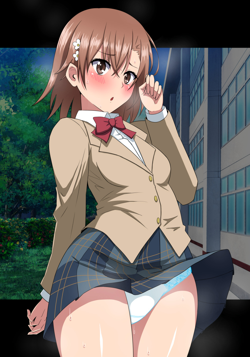 1girls 2020s 2021 :o absurd_res bare_thighs blue_panties blush brown_eyes brown_hair clothed clothed_female female hair_flower hair_ornament hi_res looking_back marupuni matching_hair/eyes misaka_mikoto nervous no_shorts outdoors panties pantyshot school_uniform schoolgirl short_hair solo standing sweat teenage_girl teenager thighs to_aru_kagaku_no_railgun to_aru_majutsu_no_index tokiwadai_school_uniform upskirt white_panties young