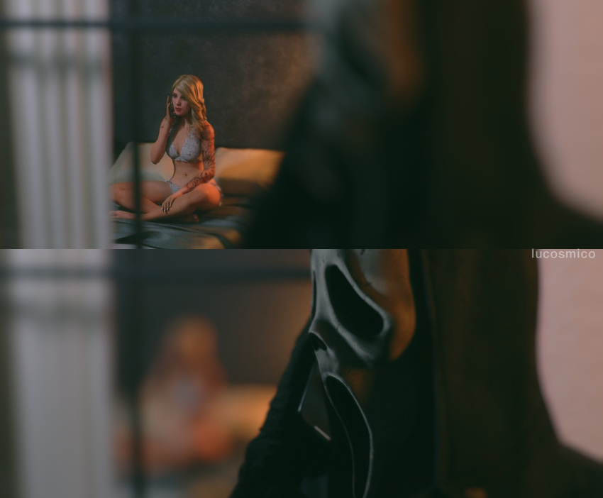 3d blonde_hair blue_eyes danny_johnson dbd dead_by_daylight ghostface kate_denson lucosmico scream_(franchise) sitting_on_bed stalker stalking tagme underwear