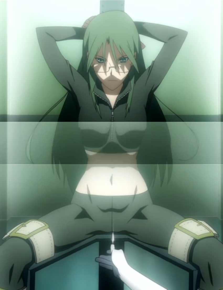 1girls angry arms_behind_head arms_up asougi_rin big_breasts busty female female_only glasses green_eyes green_hair hi_res large_breasts legs long_hair looking_at_viewer mature mature_female mature_woman midriff mnemosyne navel pants pov screencap screenshot sitting spread_legs stitched thighs tied_up torture_instruments