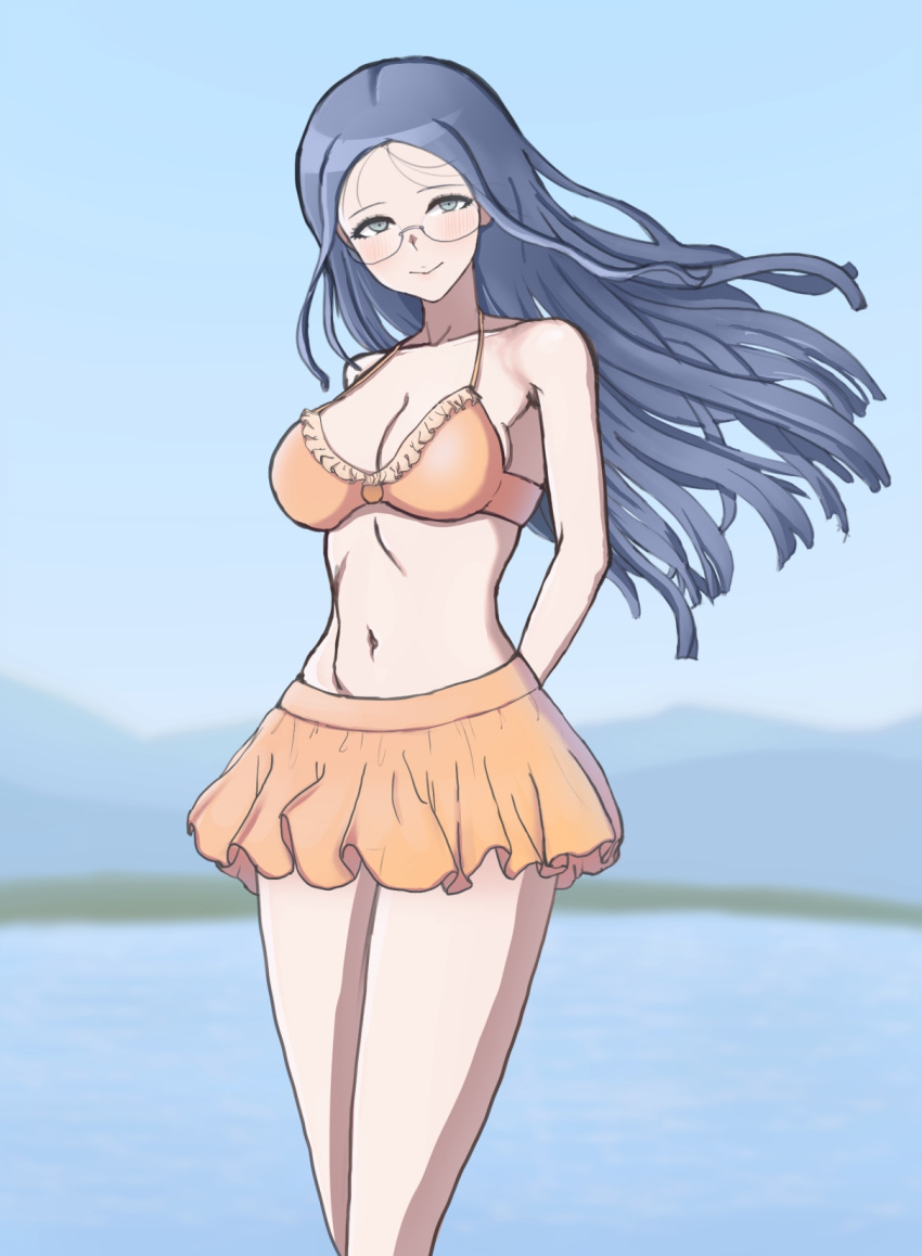 1girls 2022 big_breasts bikini bikini_bottom bikini_top blue_eyes blue_hair blurred_background blurry blurry_background blush_lines cloudy_sky danganronpa danganronpa_s:_ultimate_summer_camp danganronpa_v3 danganronpa_v3:_killing_harmony eyebrows eyelashes female female_focus female_only girl_with_glasses glasses light_skin long_hair looking_at_viewer mountain mountains new_danganronpa_v3 orange_bikini orange_bikini_bottom orange_bikini_top sea seongkun shirogane_tsumugi skirt sky solo solo_female solo_focus straight_hair turquoise_eyes