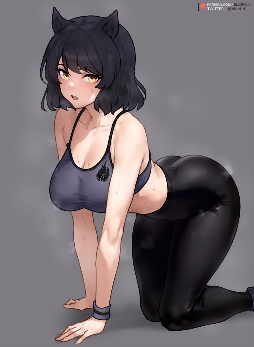 1girls ass bending_over black_hair blake_belladonna bluefield breasts cat_ears catgirl cleavage dat_ass female huge_ass huge_breasts light-skinned_female light_skin rwby short_hair sports_bra sportswear sweat sweaty_body thick_thighs yoga_pants