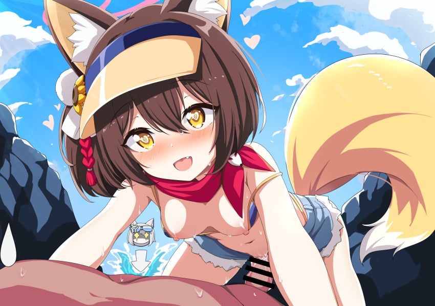 1boy :d absurdres animal_ear_fluff animal_ears assertive_female bar_censor bikini bikini_top_aside bikini_under_clothes blue_archive blue_sky breasts brown_hair censored clothed_sex clothes_pull cloud cowgirl_position denim denim_shorts english_commentary female fox_ears fox_girl fox_tail hair_ornament halo happy_sex heart heart-shaped_pupils highleg highleg_bikini highres izuna_(blue_archive) izuna_(swimsuit)_(blue_archive) navel nipples oerba_yun_fang off_shoulder official_alternate_costume open_mouth outdoors penis pom_pom_(clothes) pom_pom_hair_ornament rock sex shiroko_(blue_archive) shiroko_(swimsuit)_(blue_archive) short_hair short_shorts shorts shorts_pull sky small_breasts smile solo_focus squatting_cowgirl_position straight strap_slip sweatdrop swimsuit symbol-shaped_pupils tail tareme visor_cap ycyc yellow_eyes