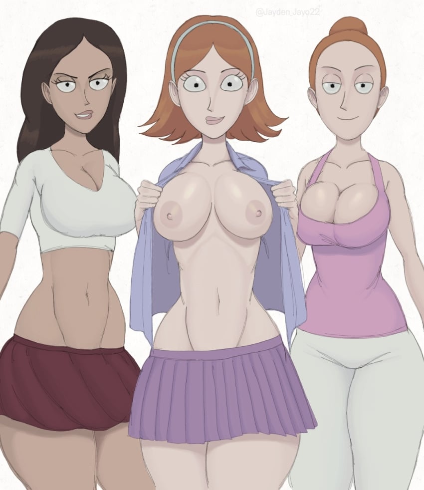 3girls average_breasts big_breasts boob_window brainwashed different_breast_sizes drugged female female_only flashing flashing_breasts hyper_bimbo jayden_jayo22 jessica_(rick_and_morty) multiple_girls no_bra no_underwear rick_and_morty summer_smith thick_thighs toned_female tricia_lange wide_hips