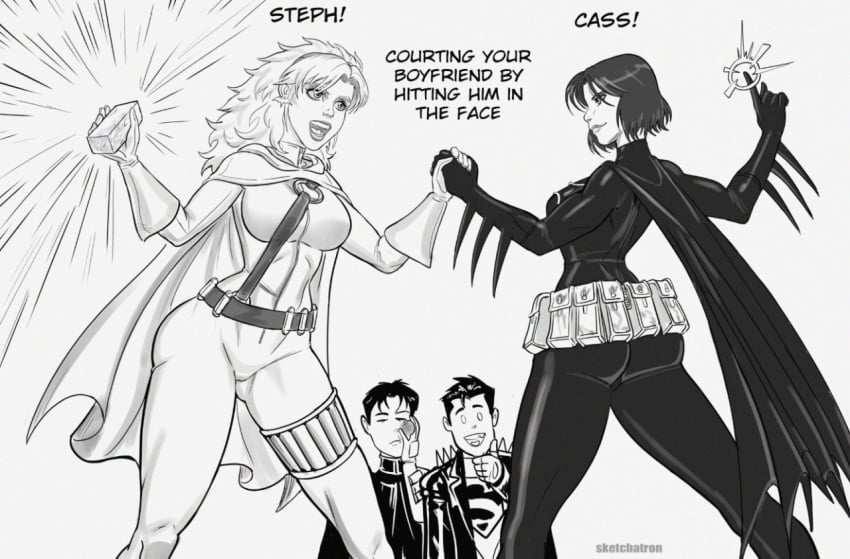 2boys 2girls ass batgirl batgirl_(cassandra_cain) batman_(series) big_ass black_and_white boyfriend-girlfriend cape cassandra_cain celebration colorless conner_kent dc dc_comics english_text female fully_clothed high_five hips kon-el large_ass male robin_(dc) robin_(tim_drake) short_hair sketchatron spoiler_(dc) stephanie_brown superboy superboy_(conner_kent) superhero superheroine superman_(series) tagme tight_clothing tim_drake wide_hips